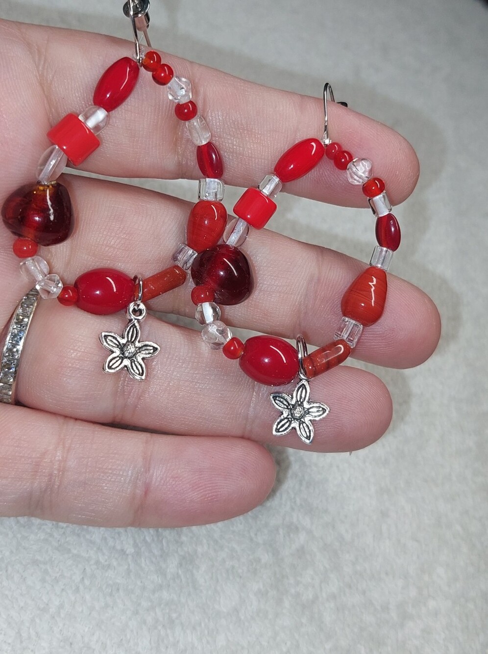 Red Glass Beaded Hoop Earrings with Flower Charm - Women Jewelry